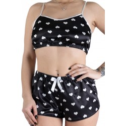 Pijama Dama , 2 Piese ,Maiou Scurt Si Pantaloni Scurti Din Satin Negru